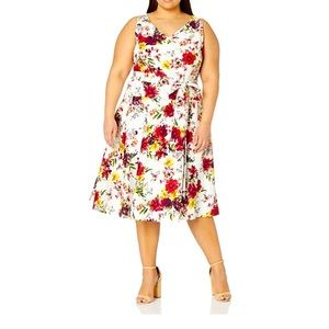 Taylor Dresses Floral Print V-Neck Sleeveless Linen Dress